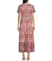 Anne Klein Chiffon Floral Print V Neck Short Sleeve A-Line Midi Dress