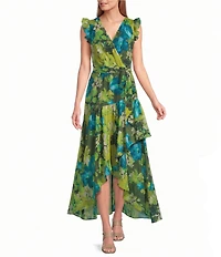 Anne Klein Chiffon Gauze Floral Print Hi-Lo Wrap Dress