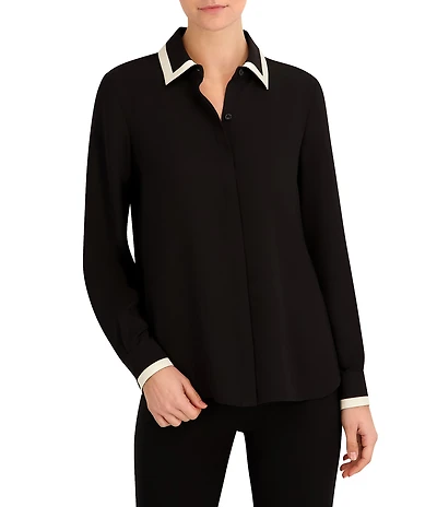 Anne Klein Contrast Trim Point Collar Long Sleeve Crepe De Chine Button Front Top