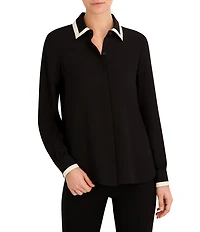 Anne Klein Contrast Trim Point Collar Long Sleeve Crepe De Chine Button Front Top