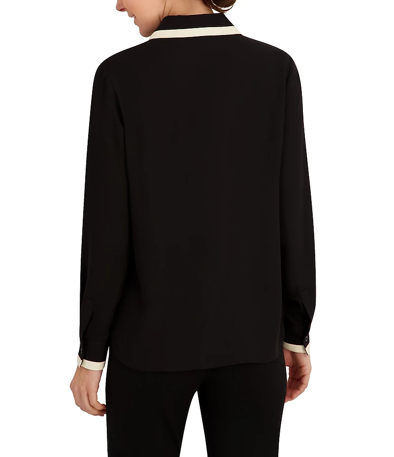 Anne Klein Contrast Trim Point Collar Long Sleeve Crepe De Chine Button Front Top