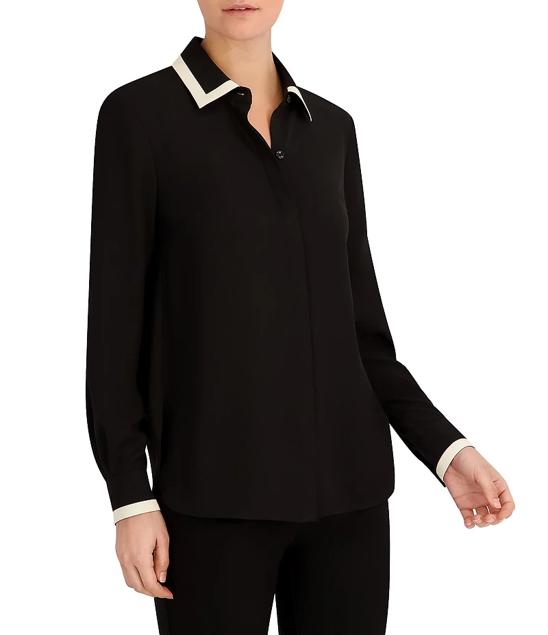Anne Klein Contrast Trim Point Collar Long Sleeve Crepe De Chine Button Front Top