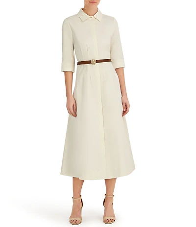 Anne Klein Cotton Sateen Collared Short Sleeve Tucked Belted Midi Shirt Dress