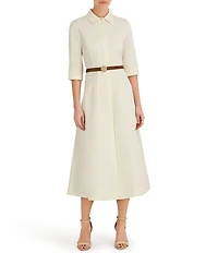 Anne Klein Cotton Sateen Collared Short Sleeve Tucked Belted Midi Shirt Dress