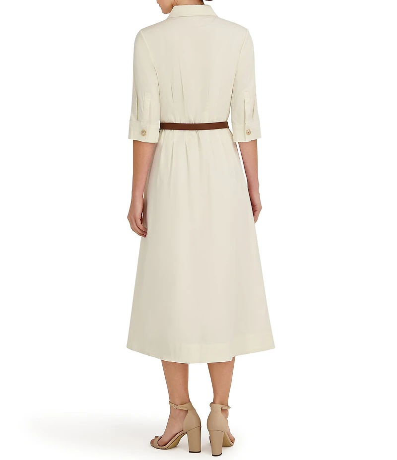 Anne Klein Cotton Sateen Collared Short Sleeve Tucked Belted Midi Shirt Dress