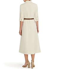 Anne Klein Cotton Sateen Collared Short Sleeve Tucked Belted Midi Shirt Dress