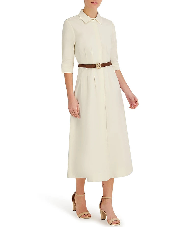 Anne Klein Cotton Sateen Collared Short Sleeve Tucked Belted Midi Shirt Dress