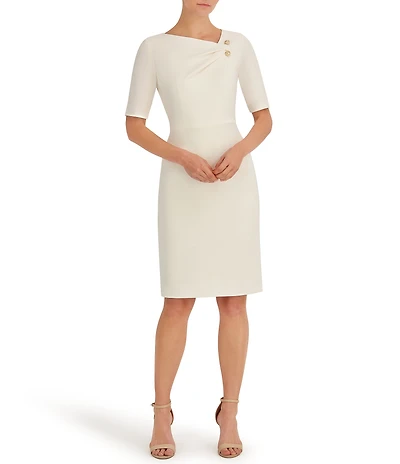 Anne Klein Crepe Asymmetrical Neckline Bar Pin Short Sleeve Sheath Dress