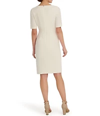 Anne Klein Crepe Asymmetrical Neckline Bar Pin Short Sleeve Sheath Dress