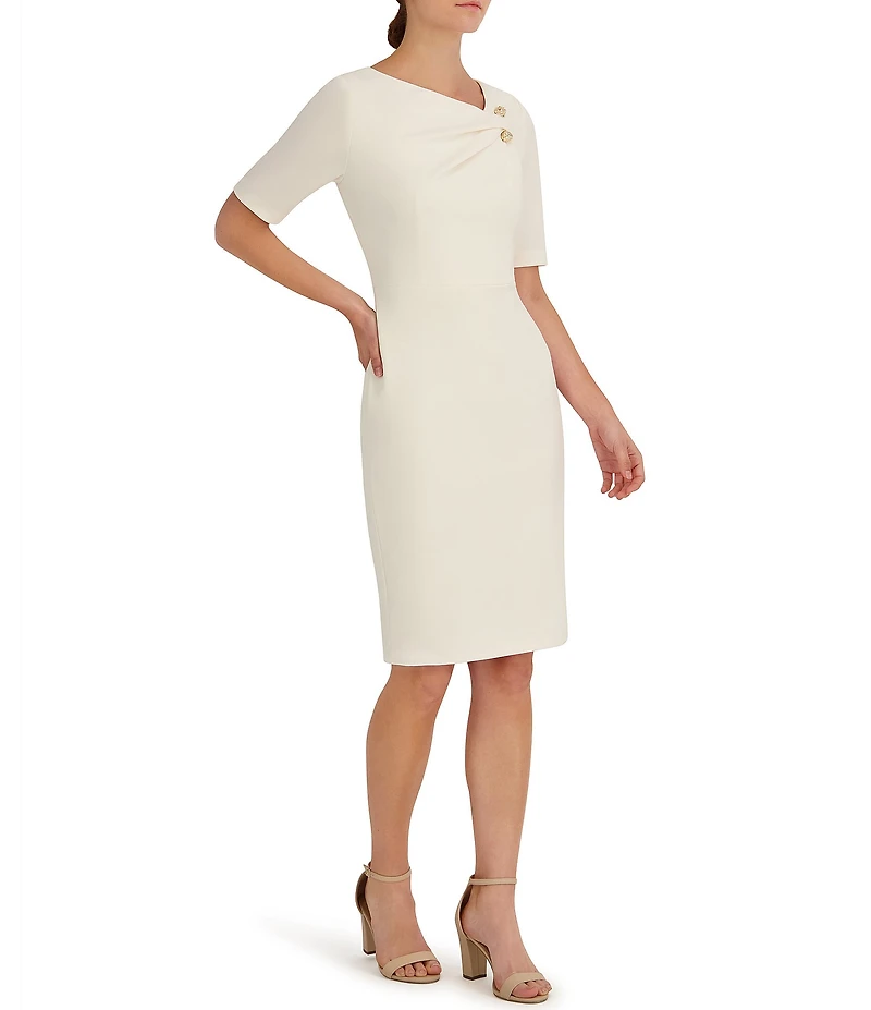 Anne Klein Crepe Asymmetrical Neckline Bar Pin Short Sleeve Sheath Dress