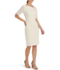 Anne Klein Crepe Asymmetrical Neckline Bar Pin Short Sleeve Sheath Dress