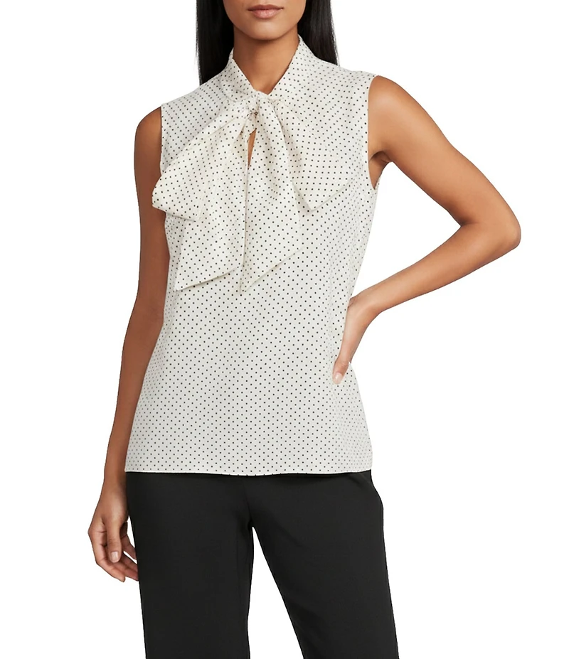 Anne Klein Crepe Sleeveless Halter Neck Dotted Bow Blouse