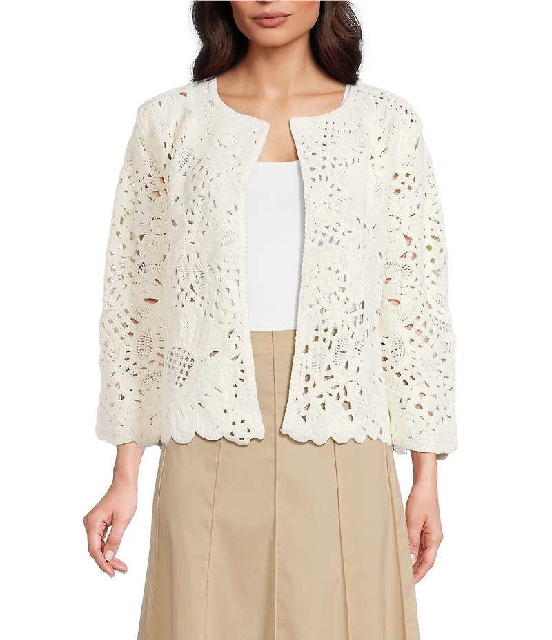 Anne Klein Crochet Floral Pull On Cardigan
