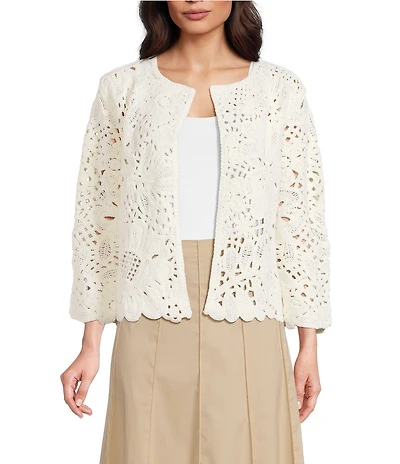 Anne Klein Crochet Floral Pull On Cardigan