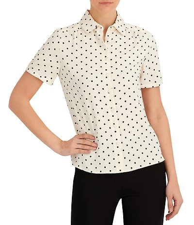 Anne Klein Dot Print Short Sleeve Collared Blouse