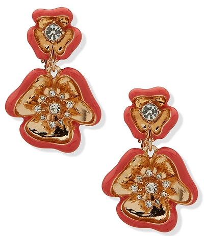 Anne Klein Double Textured Flower Drop Clip Earrings