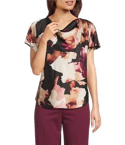 Anne Klein Drape Neck Short Sleeve Abstract Printed Satin Blouse