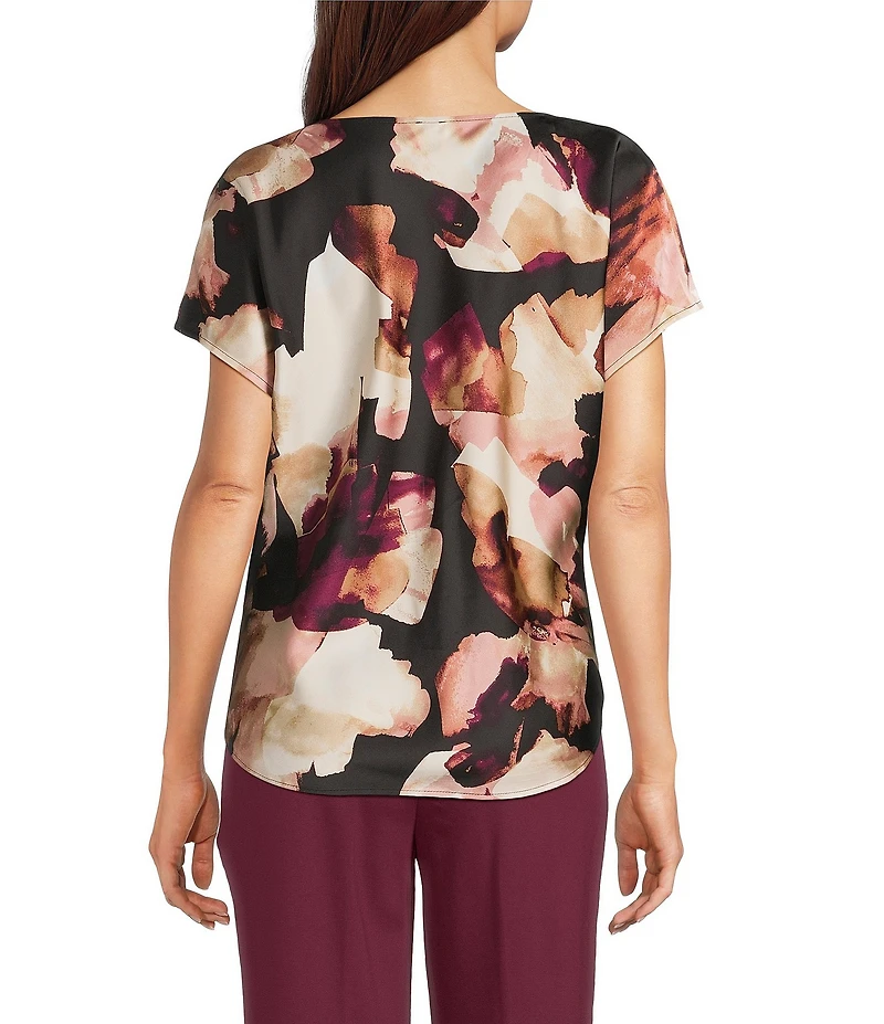 Anne Klein Drape Neck Short Sleeve Abstract Printed Satin Blouse