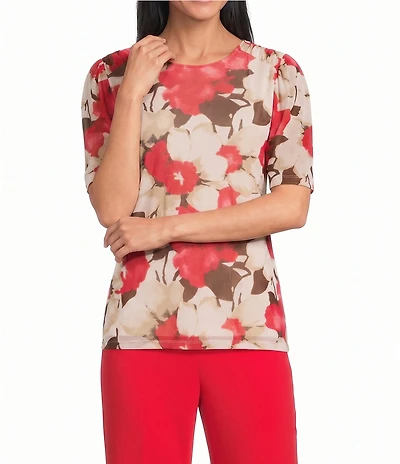 Anne Klein Elbow Sleeve Printed Mesh Blouse