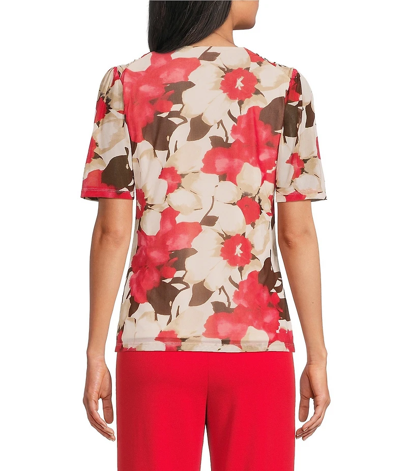 Anne Klein Elbow Sleeve Printed Mesh Blouse