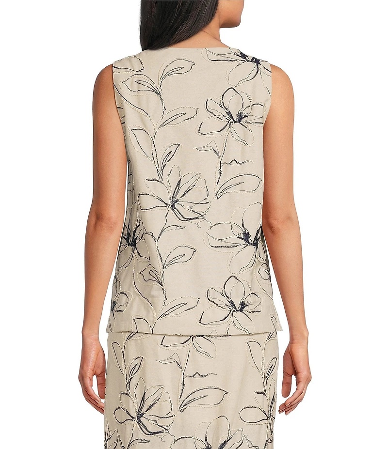 Anne Klein Embroidered Floral Linen Blend Tank