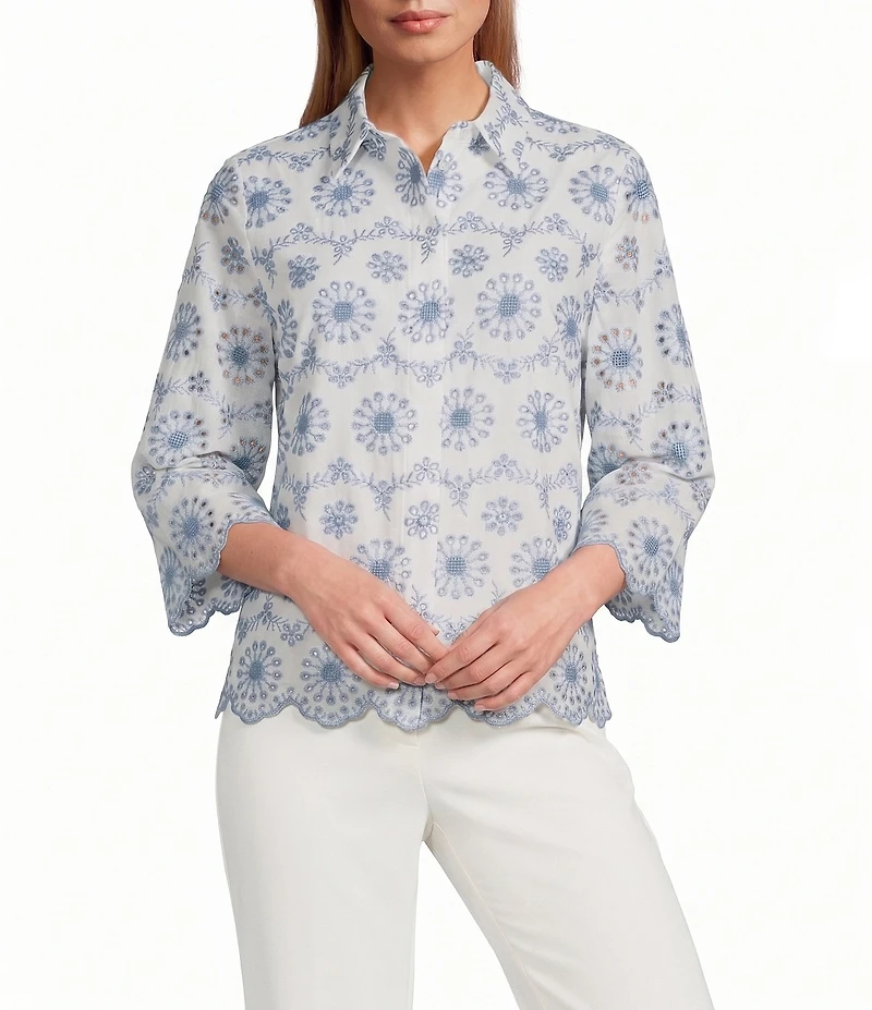 Anne Klein Embroidered Floral Linen Scalloped Hem Shirt