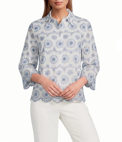 Anne Klein Embroidered Floral Linen Scalloped Hem Shirt