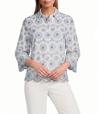 Anne Klein Embroidered Floral Linen Scalloped Hem Shirt