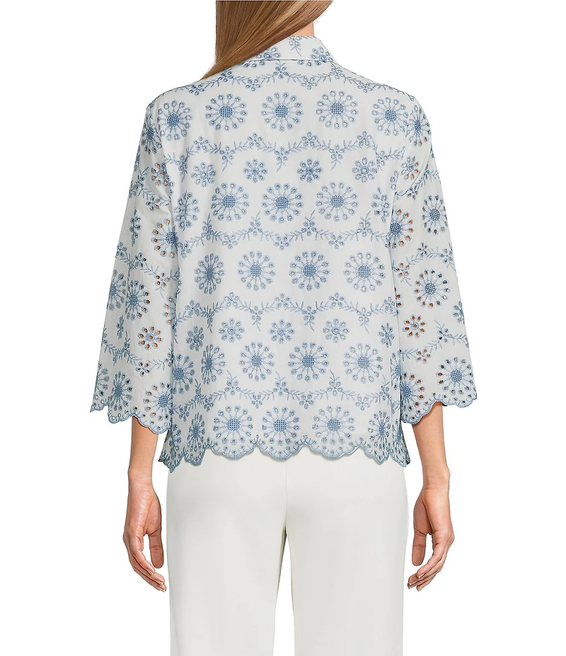 Anne Klein Embroidered Floral Linen Scalloped Hem Shirt