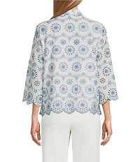 Anne Klein Embroidered Floral Linen Scalloped Hem Shirt