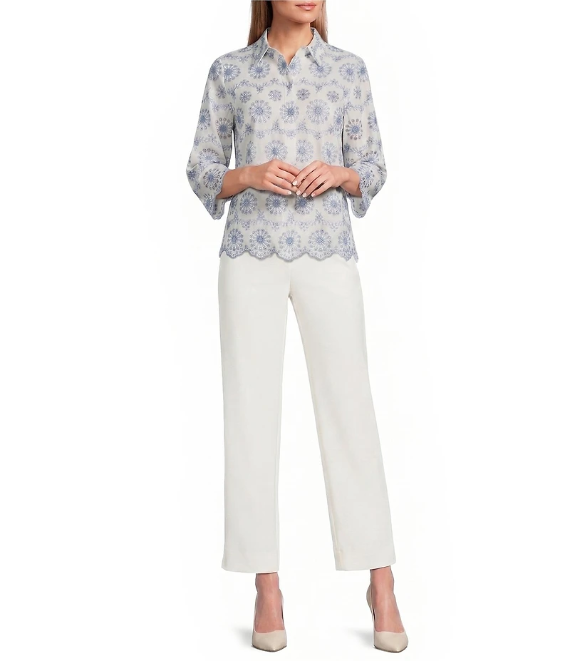 Anne Klein Embroidered Floral Linen Scalloped Hem Shirt