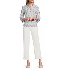 Anne Klein Embroidered Floral Linen Scalloped Hem Shirt