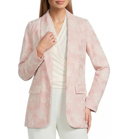 Anne Klein Embroidered Woven Shawl Collar Open Front Long Sleeve Jacket