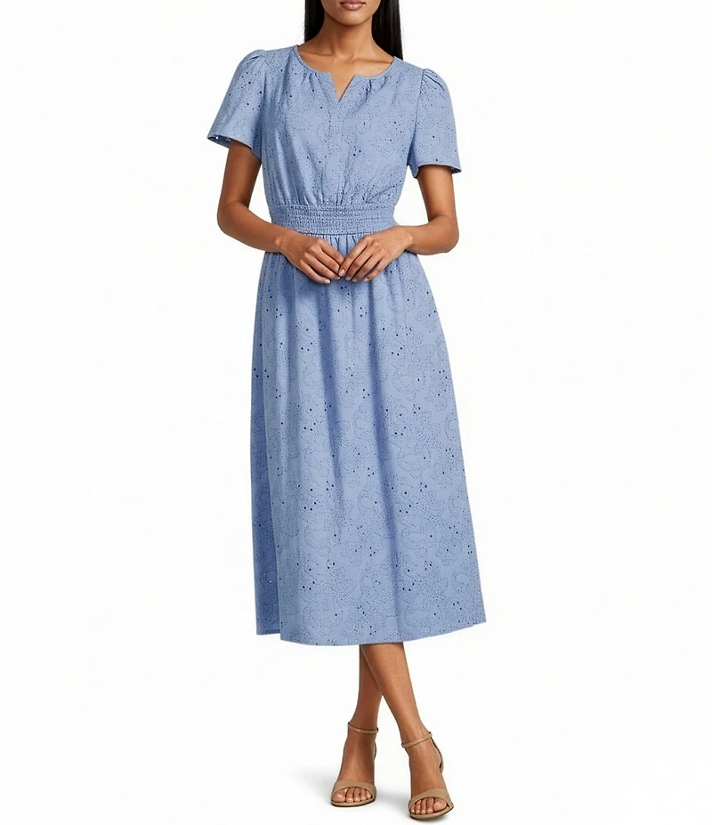 Anne Klein Eyelet Embroidered V-Neck Short Sleeve Midi Dress