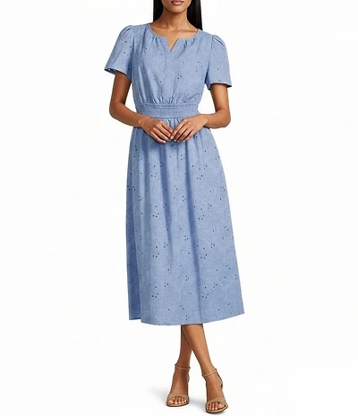 Anne Klein Eyelet Embroidered V-Neck Short Sleeve Midi Dress