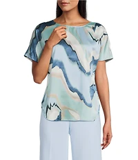 Anne Klein Flat Satin Printed Boat Neck Short Sleeve Top
