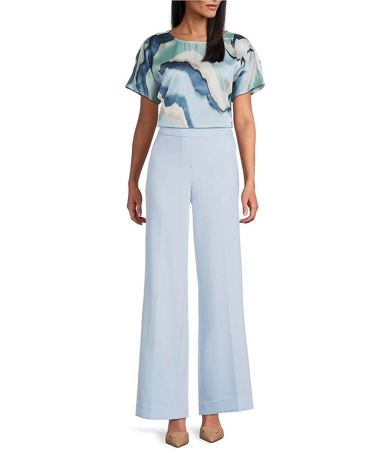 Anne Klein Flat Satin Printed Boat Neck Short Sleeve Top