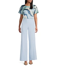 Anne Klein Flat Satin Printed Boat Neck Short Sleeve Top