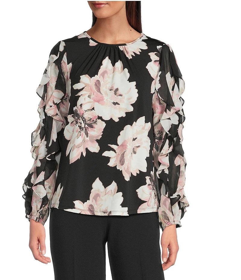 Anne Klein Floral Print Long Sleeve Chiffon Blouse