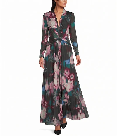 Anne Klein Floral Print Long Sleeve Front Twist Mesh Dress
