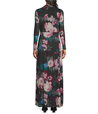 Anne Klein Floral Print Long Sleeve Front Twist Mesh Dress