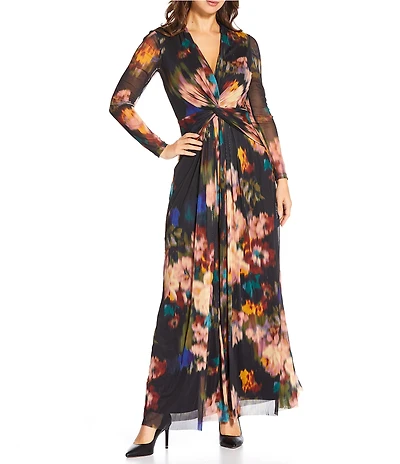 Anne Klein Floral Print Mesh Long Sleeve Twist front Maxi Dress