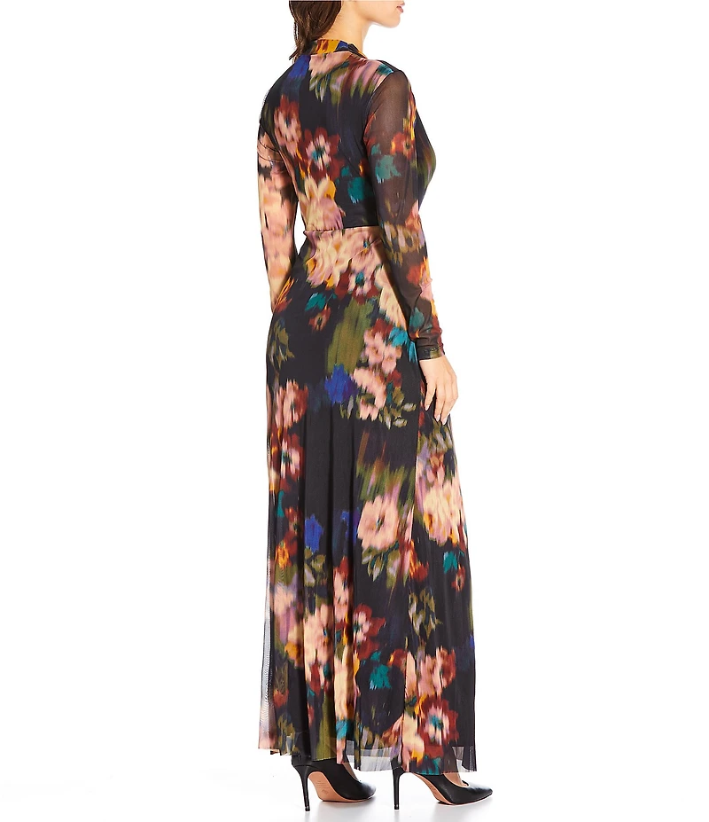 Anne Klein Floral Print Mesh Long Sleeve Twist front Maxi Dress
