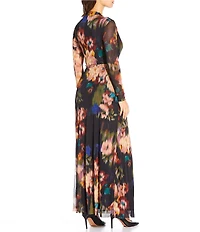Anne Klein Floral Print Mesh Long Sleeve Twist front Maxi Dress