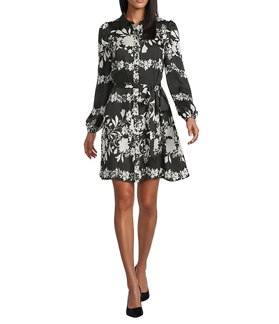 Anne Klein Floral Print Satin Twill Collar Neck Button Front Belted Long Sleeve Shirt Dress