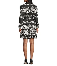 Anne Klein Floral Print Satin Twill Collar Neck Button Front Belted Long Sleeve Shirt Dress