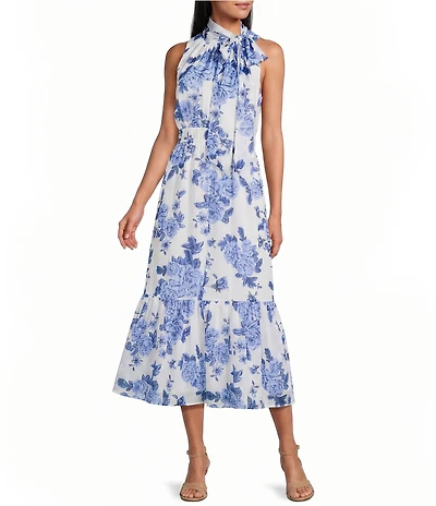 Anne Klein Floral Print Tie Neck Tiered Midi Dress