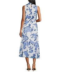 Anne Klein Floral Print Tie Neck Tiered Midi Dress