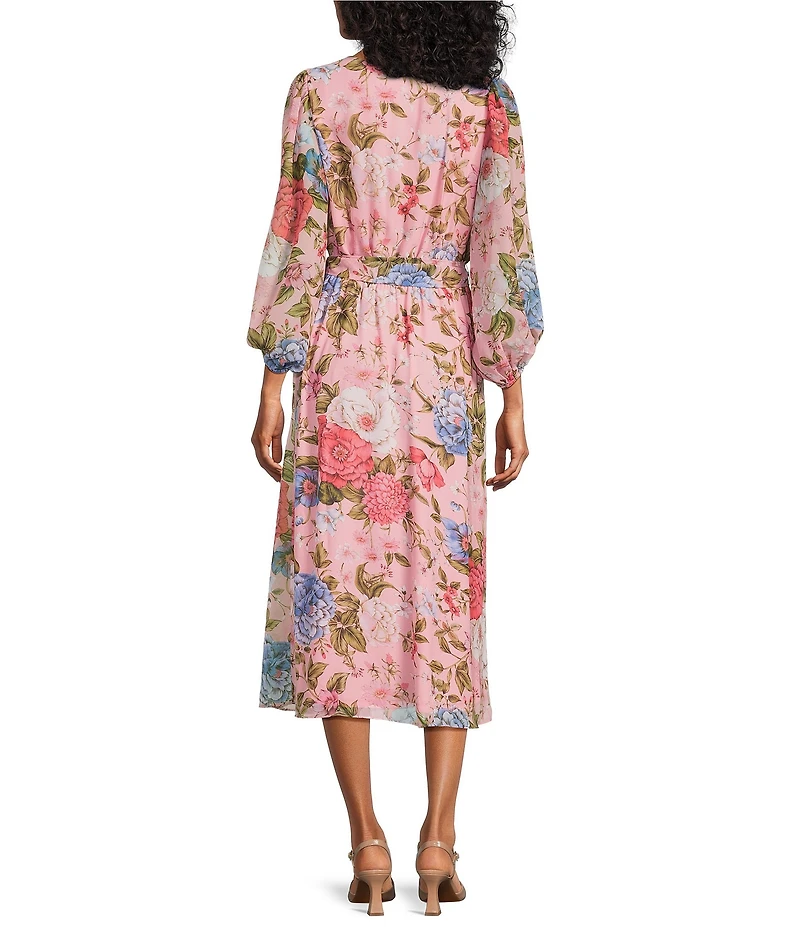 Anne Klein Floral Print V-Neck Long Puff Sleeve Wrap Skirt Belted Midi Dress