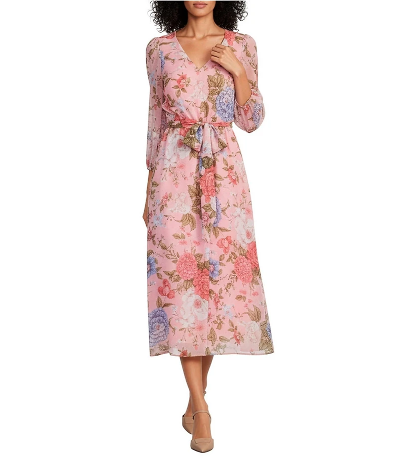 Anne Klein Floral Print V-Neck Long Puff Sleeve Wrap Skirt Belted Midi Dress